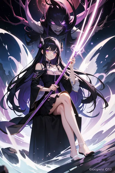 anime style photo of springring, anime girl with long black hair and purple eyes sitting, holding a purple sword