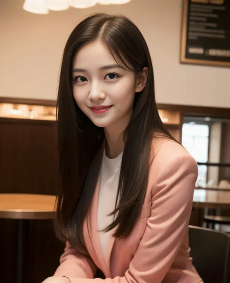 ((best quality, 8K, masterpiece: 1.3)), beautiful girl, pure, melon face, kind and cute, sweet smile, pure desire, slender body, (front), (tilted head), ((looking at camera) ), wearing a pink suit, black silky medium hair, long flowing shoulders, round bla...