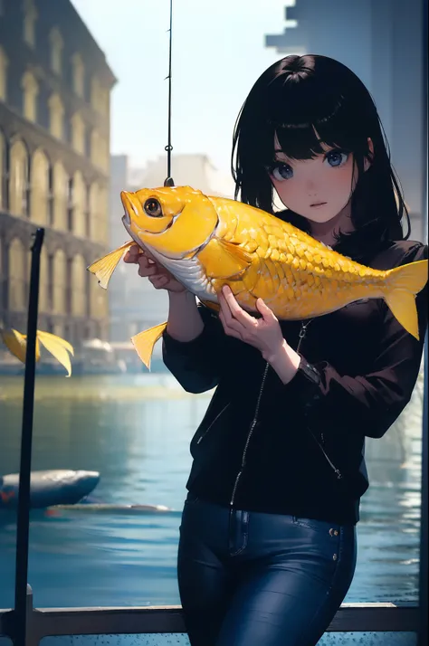 ((((Catching a big fish by the lakeside:1.5)))),((Female 28 years old)),((Best Quality:1.5)),(((Hands with the correct number and structure of fingers:1.4))),((Big fish:1.37)),hight resolution,ultra-detailliert,​masterpiece,best qualtiy,Eight-headed body,B...