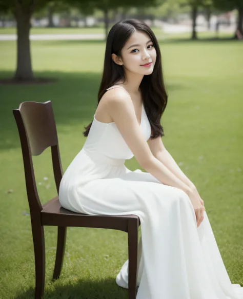 ((best quality, 8K, masterpiece: 1.3)), beautiful girl, pure, melon face, kind and cute, sweet smile, pure desire, slender body, (front), (tilted head), ((looking at camera) ), normal breasts, wearing a white dress, long black silky hair, long flowing shou...