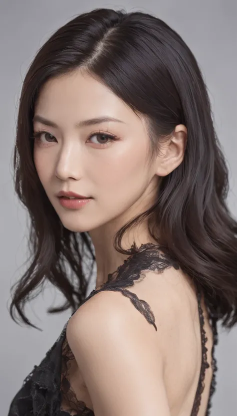 age 40s,A Japanese Lady,Black medium hair,White dress,photos realistic, Black medium long hair, expressive and striking black eyes, Delicate features, defined cheekbones, Soft, rounded chin. bright skin in natural tones,,, Healthy and radiant appearance, 1...