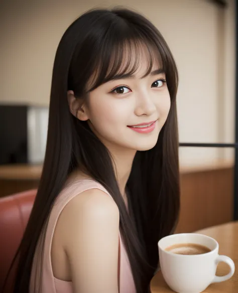 ((best quality, 8K, masterpiece: 1.3)), beautiful girl, pure, melon face, kind and cute, sweet smile, pure desire, slender body, (front), (tilted head), ((looking at camera) ), wearing a pink suit, black silky medium hair, long flowing shoulders, round bla...