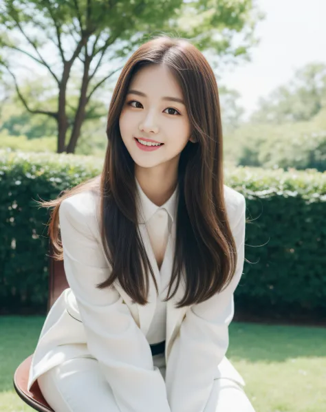 ((best quality, 8K, masterpiece: 1.3)), beautiful girl, pure, melon face, kind and cute, sweet smile, pure desire, slender body, (front), (tilted head), ((looking at camera) ), wearing a white suit, black silky long hair, long flowing shoulders, round blac...