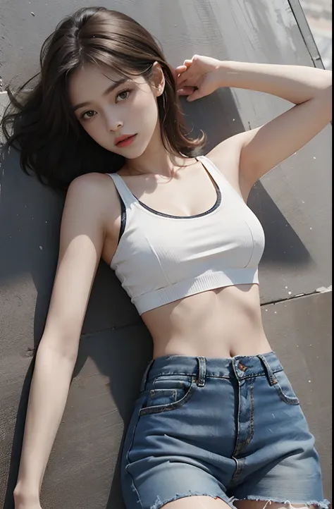 Girl in white bra and tight denim skirt posing for photo, full body, with cropped T-shirt, bra, slim body, smaller bust, slim girl model, 24-year-old female model, lying on the construction site, a group of black men onlooking