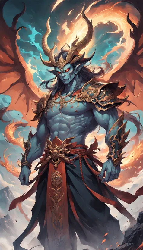 tmasterpiece，best qualtiy，超高分辨率，Detailed details，A picture of a demon with a sword，beautiful male god of death，详细的脸，mohrbacher，inspired by Shunkōsai Hokushū，in the artistic style of mohrbacher，asura from chinese myth、the god of chaos，Inspired by Ryūkōsai J...