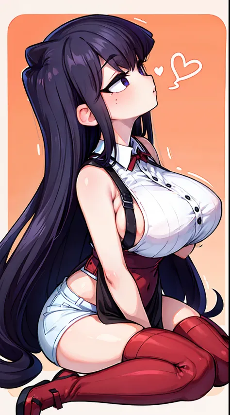 komi shouko,（A white border around a red rectangular background：2.5)，Stockings，squating，Back view，head looking up，Fleshy belly，huge tit，Lace collar，Show ones butt，Shoulder strap stockings look up，Sitting down，Side view，Slim figure，Ultra shorts，Black silk l...