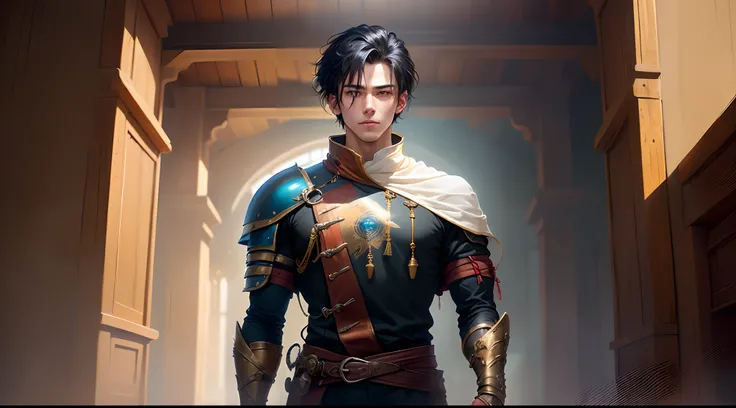 A handsome young man with black hair and blue eyes held a simple-looking bronze longsword，The left arm is dark red and very hideous, like a ghost hand，Behind him is a hideous ghost