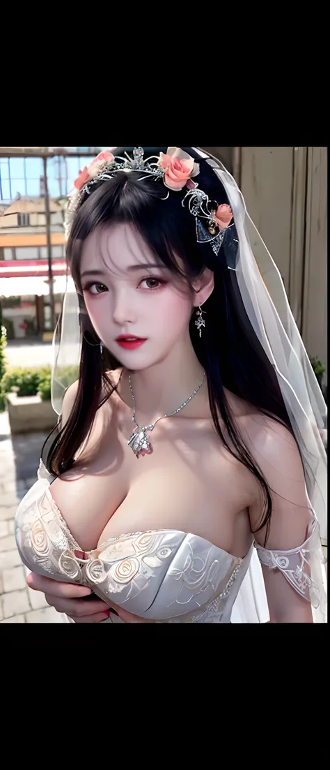 Close-up of beautiful bride in bridal dress,Guvitz，Blush，Head flower，headdress，（Bandeau wedding dress：1.5），（Silk dress：1.2）,（Strapless wedding dress：1.5）,dress，necklace，earring，cleavage cutout,(huge tit:1.3)，Neck ornaments，Deep V peach heart collar wedding...