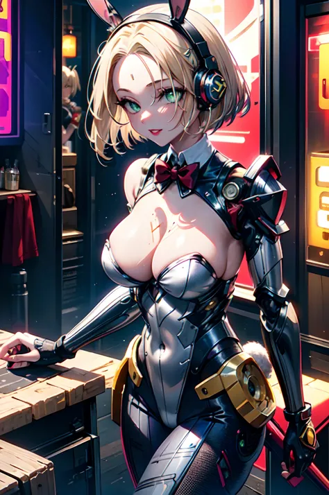 beautiful mechanical woman, solo, (half closed eyes, green eyes), (masterpiece eyes:1.3), BREAK, seductive smile, (mechanical skin: 1.3), (glowing exoskeleton leotard:1.3), (bare arms and shoulders:1.3), (cleavage, exposed groin), BREAK, (long eyelashes, r...