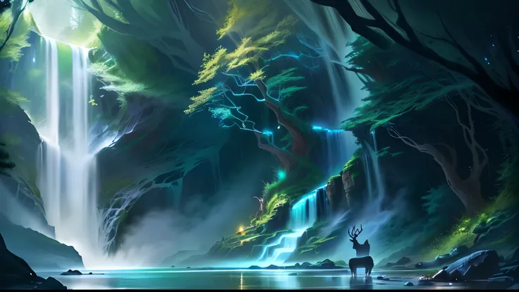 Draw a deer with a waterfall in the forest, fantasy digital painting, magical concept art, concept art magical highlight, dreamlike digital painting, spirit fantasy concept art, environment concept art, Digital fantasy painting, Fantasy Forest, luminescent...