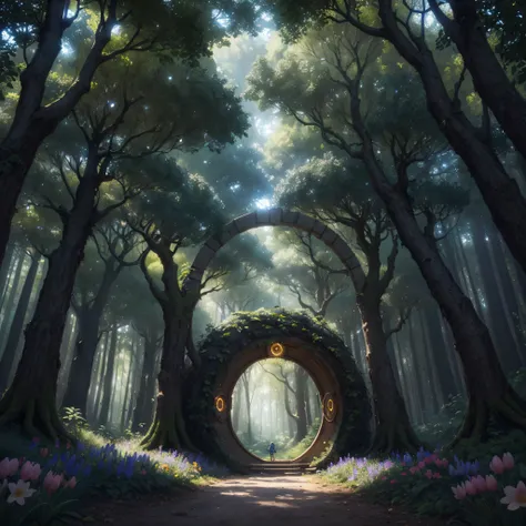 iluminated stargate portal in the mystical Lumina Forest, (visitor:1.3), bright day, She safeguards the forests magic and educates visitors about the importance of its preservation. spring flowers