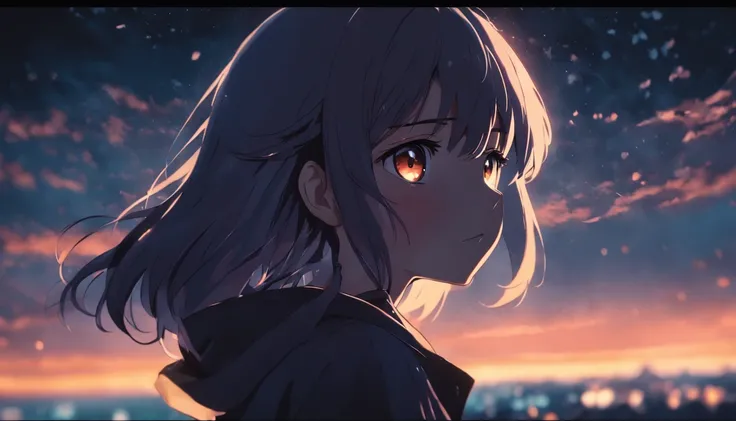 anime woman, 1woman, dark sunset, faraway shot, bokeh effect, looking at camera