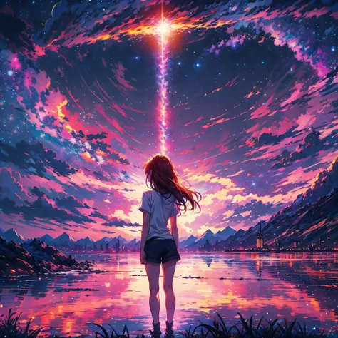 anime wallpapers of a girl looking at a view of the sky and stars, cosmic skies. by makoto shinkai, anime art wallpaper 4 k, long red hair, golden eyes, white shirt, black panties, anime art wallpaper 4k, anime art wallpaper 8 k, anime sky, amazing wallpap...