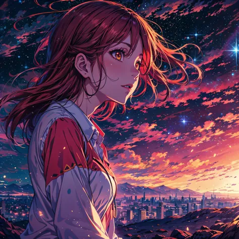 anime wallpapers of a girl looking at a view of the sky and stars, cosmic skies. by makoto shinkai, anime art wallpaper 4 k, long red hair, golden eyes, white shirt, black panties, anime art wallpaper 4k, anime art wallpaper 8 k, anime sky, amazing wallpap...