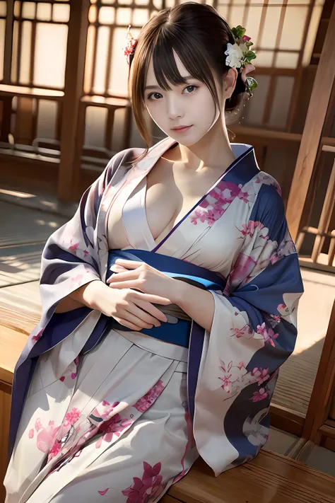 top-quality、​masterpiece、超A high resolution、(Photorealsitic:1.4)、1girl in、kimono、enticing、looking in camera、