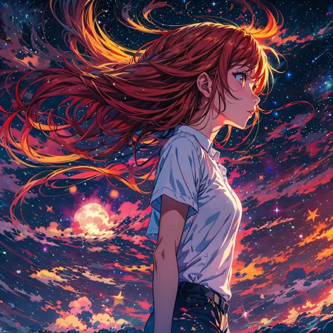 anime wallpapers of a girl looking at a view of the sky and stars, cosmic skies. by makoto shinkai, anime art wallpaper 4 k, long red hair, golden eyes, white shirt, black panties, anime art wallpaper 4k, anime art wallpaper 8 k, anime sky, amazing wallpap...