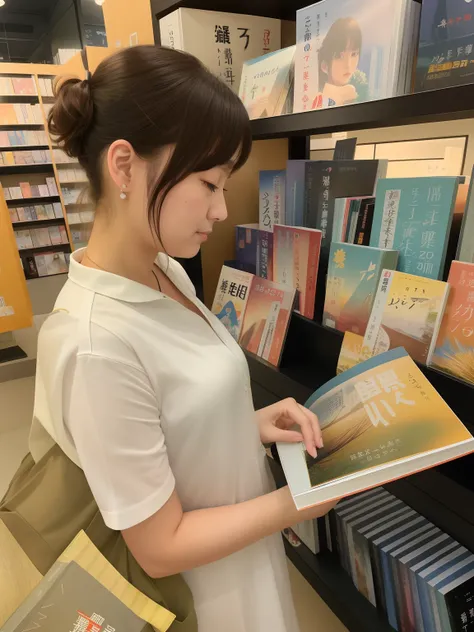 Woman in store reading a book in a bookcase, reading new book, japanese illustrator, komono, nostalgic feeling, interesting angle, taken with sony alpha 9, author：Yasutomo Oka, exclusive, japanese comic book, artistic pose, random artist, a wide full shot,...