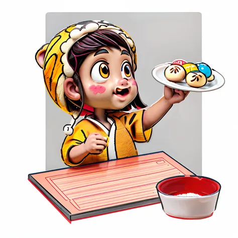 A cartoon girl holds a plate of buns in her hand，Wearing a tiger hat，In front of him is a chopping board and a bowl of flour， Official illustration， coloring page， Animate， offering a plate of food， animated still， colouring - in sheet， coloring page， Colo...