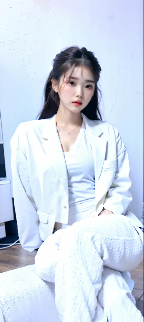 there is a woman sitting in a chair in a room, white apparel, wearing white clothes, smooth white tight clothes suit, wearing white clothes, cropped shirt with jacket, white trendy clothes, white silky outfit, white puffy outfit, White clothes, White jacke...