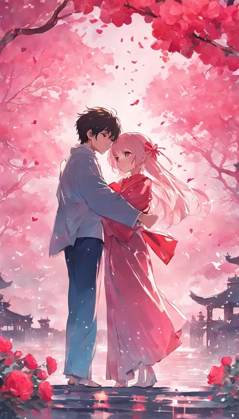 Poster production，In a romantic atmosphere，couple cuddling，Stroll through the Sea of Roses，Under the blue sky and white clouds，Tanabata Chinese style，Feel the romantic theme of Valentines Day。