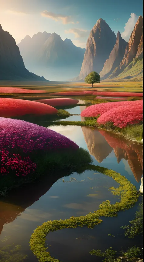 Masterpiece, Best quality, High quality, Extremely detailed Cg Unity 8K wallpaper,ecological landscape ,A valley forgotten by time,immensity,lisses,Natron Lake。,tamarind,Miniature,award winning photography, Bokeh, Depth of field, hdr, full bloom, color dif...