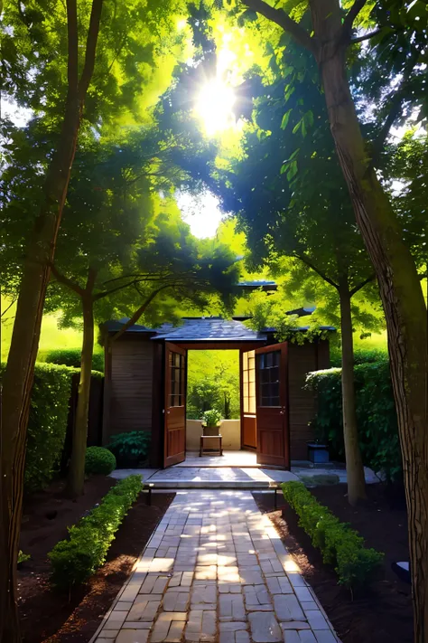 In the center of the picture is an open door，A path in front of the door leads to a peaceful garden。Two people stood hand in hand in the doorway，Sunlight poured in from behind the door，Warm and bright。In the garden，New shoots grow in the canopy，Symbolizes ...