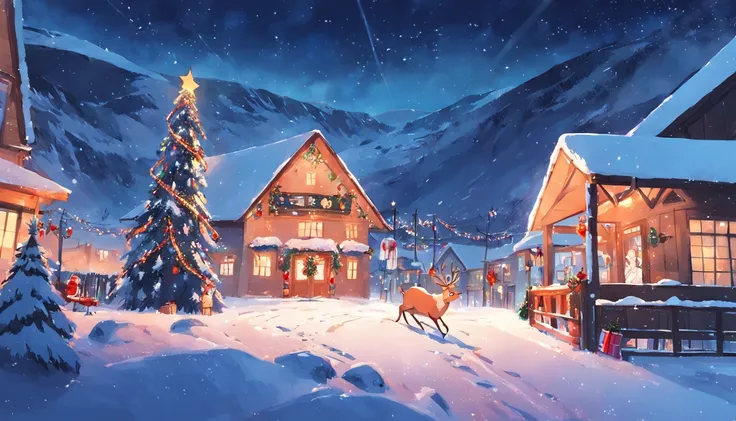 Christmas atmosphere，Hilariously，snowfield，nevando，cheerfulness，new year，Warm，reindeer，santa，cartoony