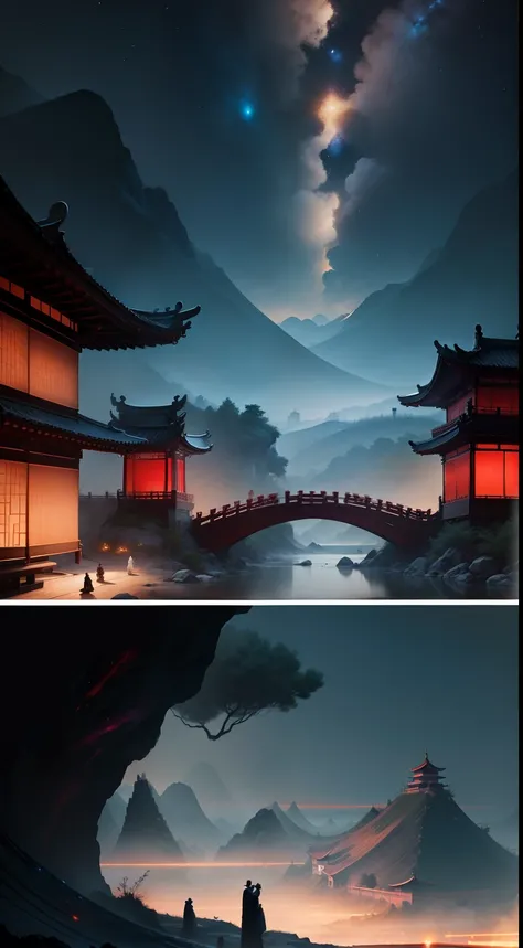 A Chinese couple,Chinese landscape, abstract paintings, A bridge in the universe，tradition chinese ink painting,nebula,extra long shot,wide view,hope ful,unreal engine,