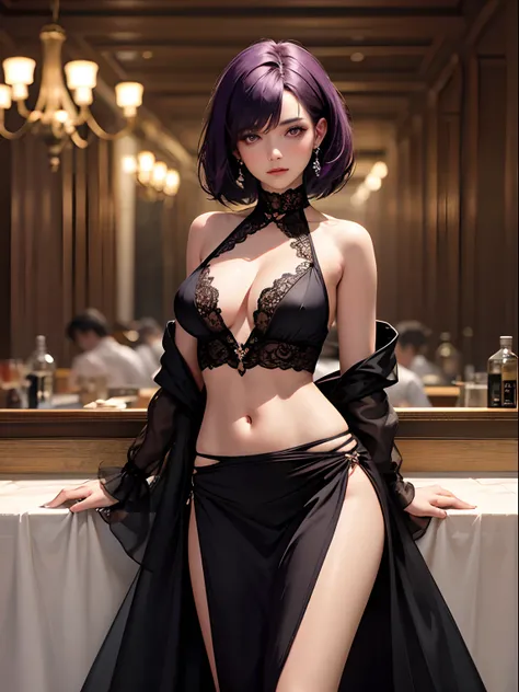 Masterpiece, Best quality, 1 girl, short detailed hair, Dark purple hair, Lilac eyes, Detailed eyes, Glowing eyes, Medium breasts, In a restaurant, detailed scenic view, black glove, Slim belly, Bad girl, Sexy pose, pelvic_curtain dress, Wear pelvis_curtai...