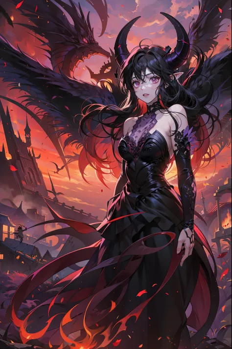 In the background is a succubus flying in a purple-red burning sky，Extra-long black hair，Purple eye，There are horns on the head，Demons wings，Black dress