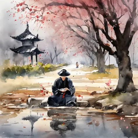 Man dressed in black resting under sakura tree old japanese style Cinematic, low angle photography, Motion blur, Depth of field, Dust, Cobblestones and dirt. Splash Art, dripping paint. Perfect color grading. Influenced by Karel Appel and Jeremy Mann, Full...