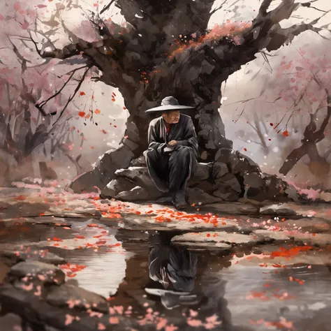 Man dressed in black resting under sakura tree old japanese style Cinematic, low angle photography, Motion blur, Depth of field, Dust, Cobblestones and dirt. Splash Art, dripping paint. Perfect color grading. Influenced by Karel Appel and Jeremy Mann, Full...