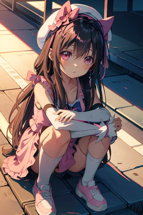 Anime cute kawaii little curve little loli girl squatting on the ground，Legs crossed，Wearing a pink hat, Wear pink stockings and white sneakers，Wear a pink dress