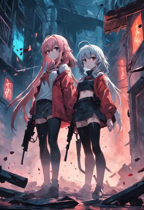 two guys，One on the left，One on the right，All women，On the ruins，The one on the left pointed a gun at the girl on the right，The girl on the right covered her bloody face with one hand and looked at the girl on the left，