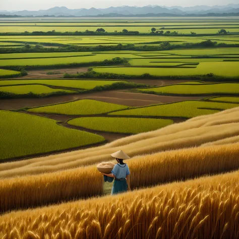 Rice in hand, with "Love the grain" written in the middle, next to the rice paddies, endless wheat fields