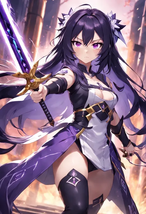 anime style photo of springring, anime girl with long black hair and purple eyes, holding a genshin impact style sword in right hand, full body shot,