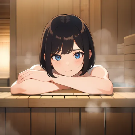 1girl in,sauna,Shyness,bath towels,perspiring,A dark-haired,bob cuts