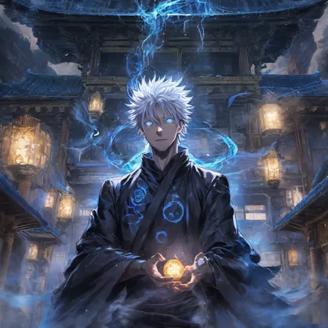 (masterpiece, illustration, anime:1.3), 1 person, Satoru Gojo from Jujutsu Kaisen, (classic black attire:1.2), standing inside a temple at night, (messy white hair:1.1), (blue eyes emitting blue light:1.2), (calm expression:1.1), (uncovered eyes:1.1), (pow...