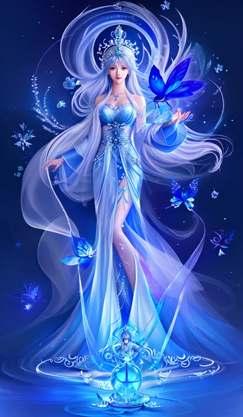 An image of Alphad of a woman in a blue dress holding a blue butterfly, ice sorceress, Asian Woman Water Elemental, goddess of winter, queen of ice and storm, Goddess of Light, beautiful fantasy art, goddess of greek mythology, Anime fantasy illustration, ...