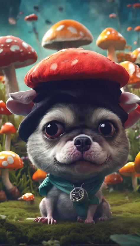 adorable creature，Similar to a mixture of French bulldogs and cars, Adorable, Cute, Furry, Fluffy, forest, Mushrooms, Wear a mushroom hat