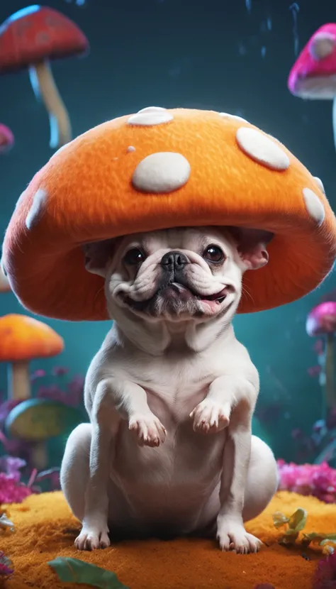 adorable creature，Similar to a mixture of French bulldogs and cars, Adorable, Cute, Furry, Fluffy, forest, Mushrooms, Wear a mushroom hat