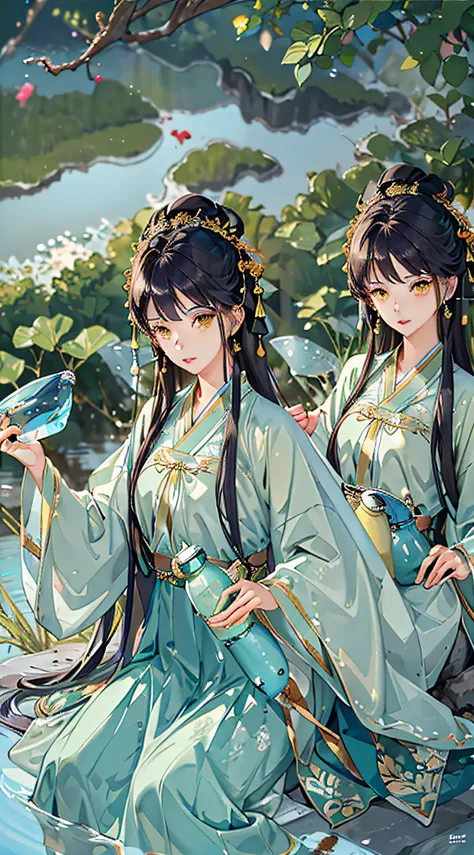 best quality, intricate details, highres,(beautiful detailed water:1.4),(hanfu, tang style),yellow eyes,(1girl in glass jar:1.1),