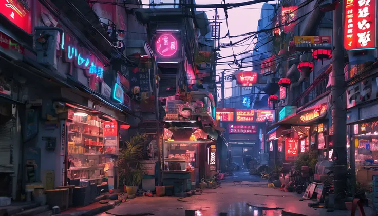 Cyberpunk style street，the night，Spring festival，There is a convenience store，There is a shop in the middle of the picture，The shop sign is "Water Element Creative Studio"