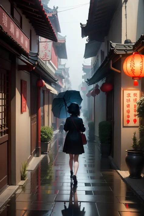 raining day，Chinese style town street，Little girl with umbrella，Hyper-realistic，Back Shadow