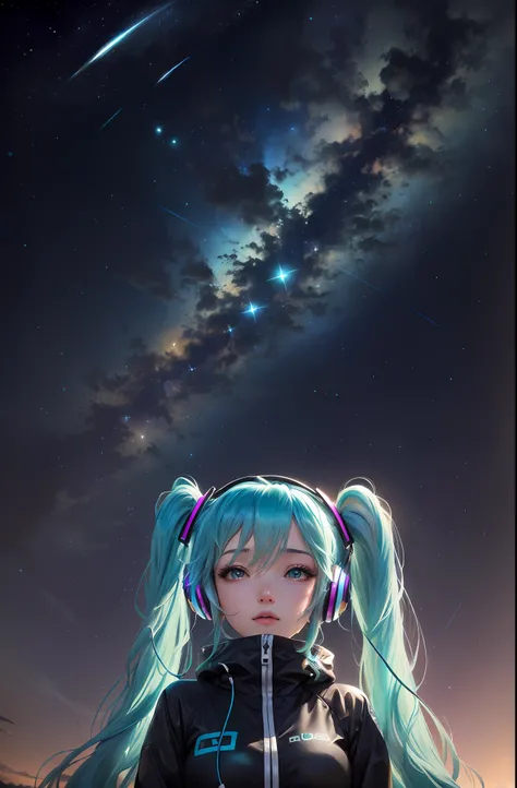 Anime girl wearing headphones looking at stars in the sky, Star(sky) Starry_sky, Os amigos, With stars, Starry sky!!, star rain, Starry sky, Fallen stars, 3840 x 2160, looking to stars, 3840 x 2160, Hatsune Miku, Portrait of Hatsune Miku, double tails