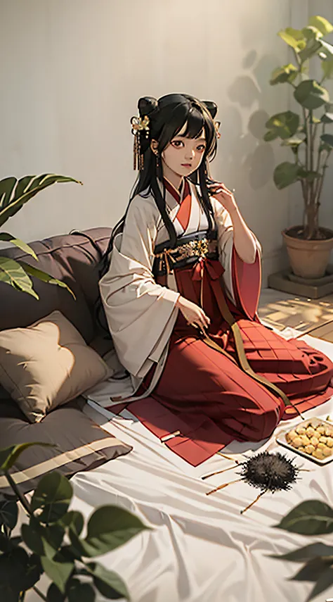 masterpiece, best quality, hanfukozue, 1girl, black hair, bug, butterfly, barefoot, solo, hair ornament, sitting, hanfu, chinese clothes, anklet, leaf, fruit, jewelry, white background, long sleeves, simple background, food, grapes, full body, single hair ...