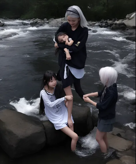 The white-haired girl seemed to be spoiled on her face, touching the lower body of the running water to