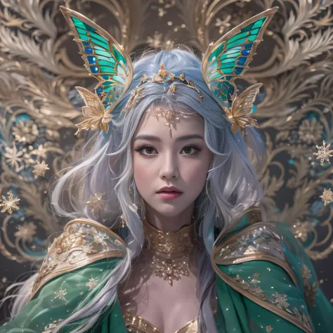 32K（tmasterpiece，k hd，hyper HD，32K）Purple-pink flowing hair，Gold jewelry area in the back room，King Girl ，Green Bronze Dragon Protector （realisticlying：1.4），Python pattern robe，Purple-pink tiara，Snowflakes fluttering，The background is pure，Hold your head h...