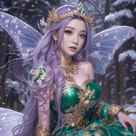 32K（tmasterpiece，k hd，hyper HD，32K）Purple-pink flowing hair，Gold jewelry area in the back room，King Girl ，Green Bronze Dragon Protector （realisticlying：1.4），Python pattern robe，Purple-pink tiara，Snowflakes fluttering，The background is pure，Hold your head h...