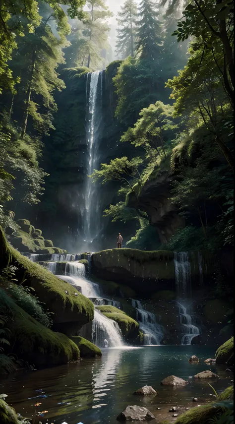 Masterpiece, Best Quality, Photorealism, Epic Atmosphere, Magic Waterfall in the Forest, High Detail, Magical Style, Hyper Realism, Fantasy Background, Cinematic, Sharp Focus, 16k. high detail, vivid cinematic rendering of characters, ultra-thin model, Ful...